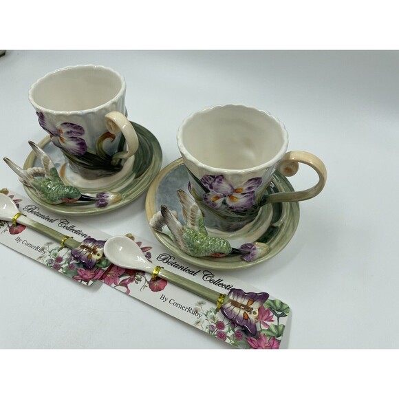 2-PC CORNER RUBY BOTANICAL COLLECTION COLIBRI TEA CUP  W BUTTERFLY SPOON SET N06 - Picture 3 of 10